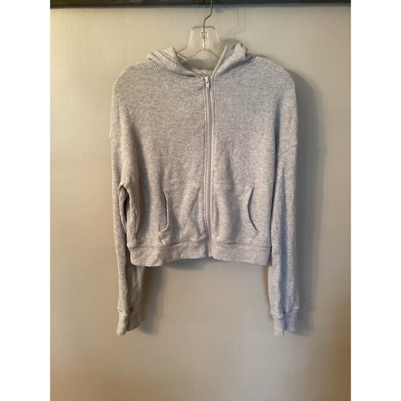 SKIMS SIZE LARGE LIGHT HEATHER GREY CROPPED ZIP UP HOODIE - Picture 2 of 5